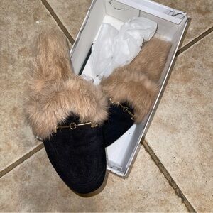 Black Faux Suede Fur-Lined Loafers with Gold Hardware